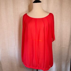 A.N.A ~ Blouse Women Sz 1X - Scoop Neck Coral Striped Semi Sheer Blouse Flutter